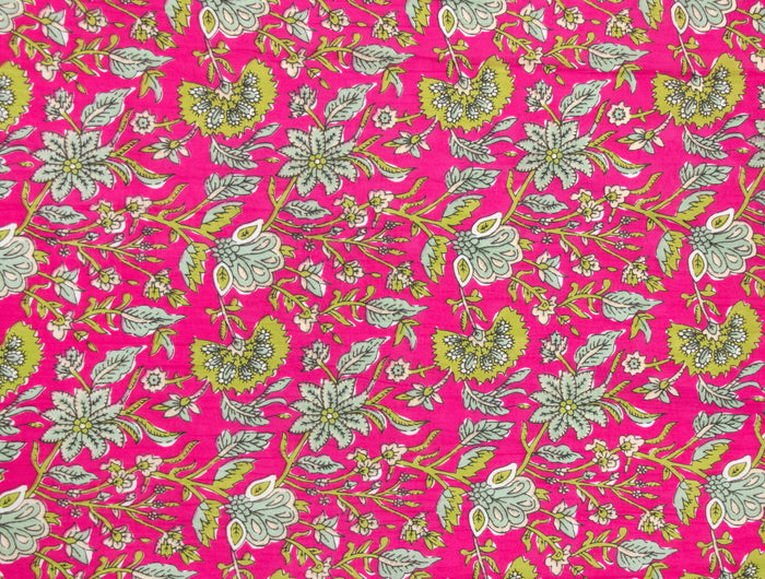 Fuchsia Freesia lime green and grey paisley print on bright pink
