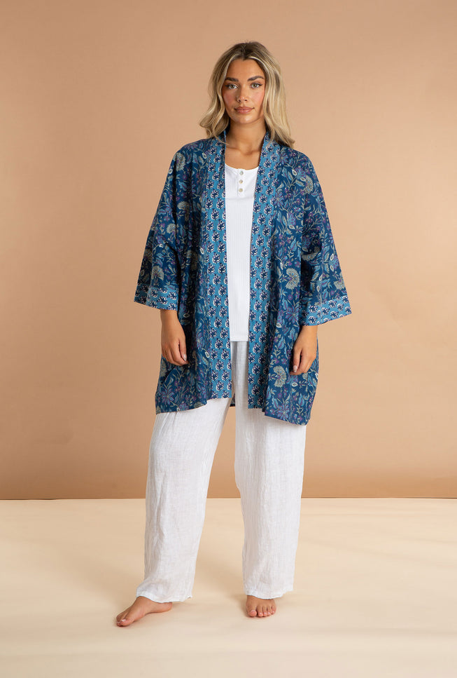 Ladies Cotton Kimono Robe - Blue Lagoon