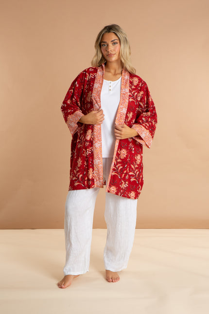 Ladies Cotton Kimono Robe - Red Rubra