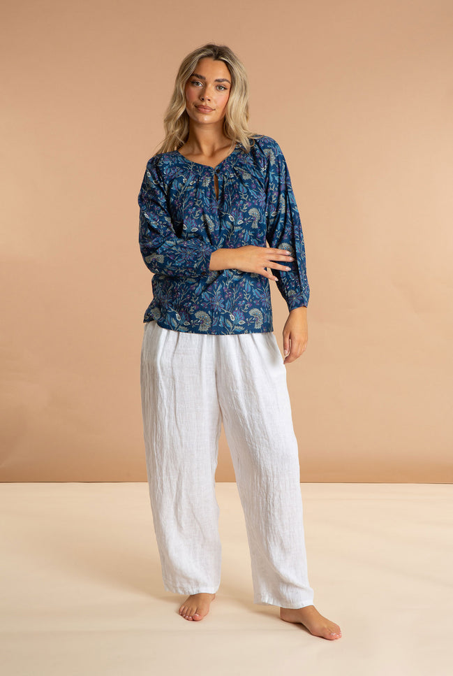 Buttoned Cotton Smock Top, Blue Lagoon