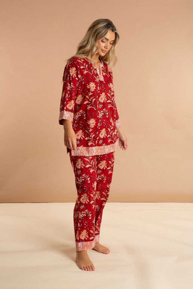Indian Cotton Floral Printed Pyjamas - Red Rubra