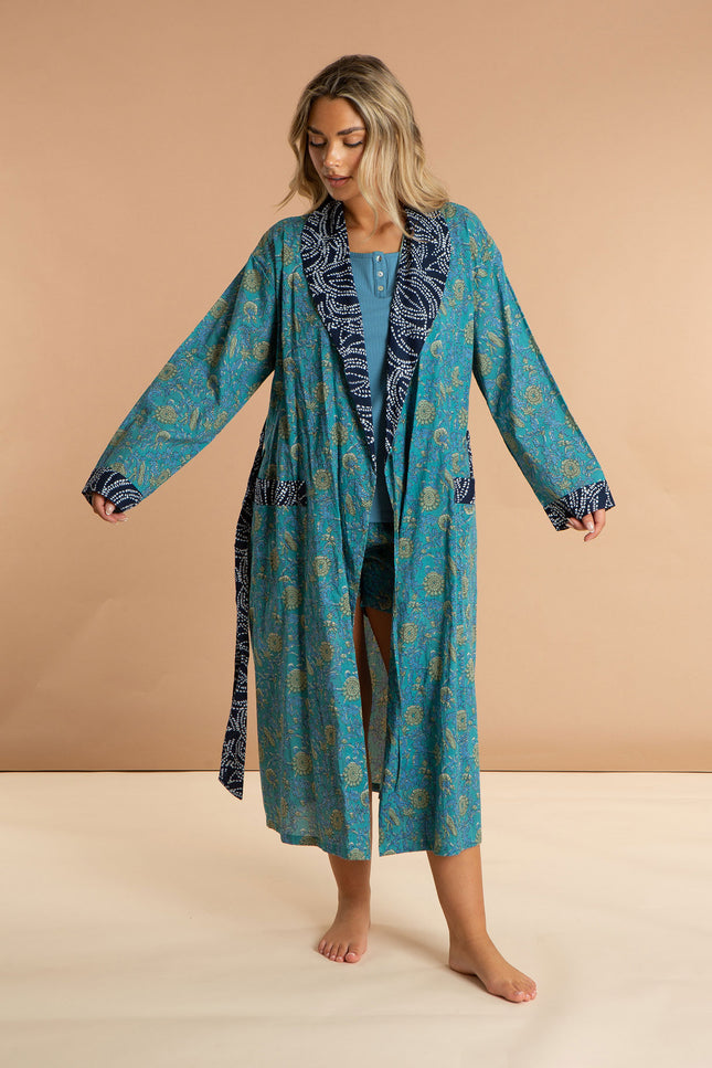 Ladies Floral Printed Cotton Robe - Waterlily