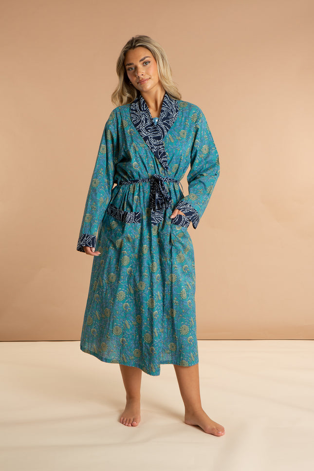 Ladies Floral Printed Cotton Robe - Waterlily