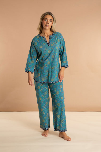 Indian Cotton Floral Printed Pyjamas - Waterlily
