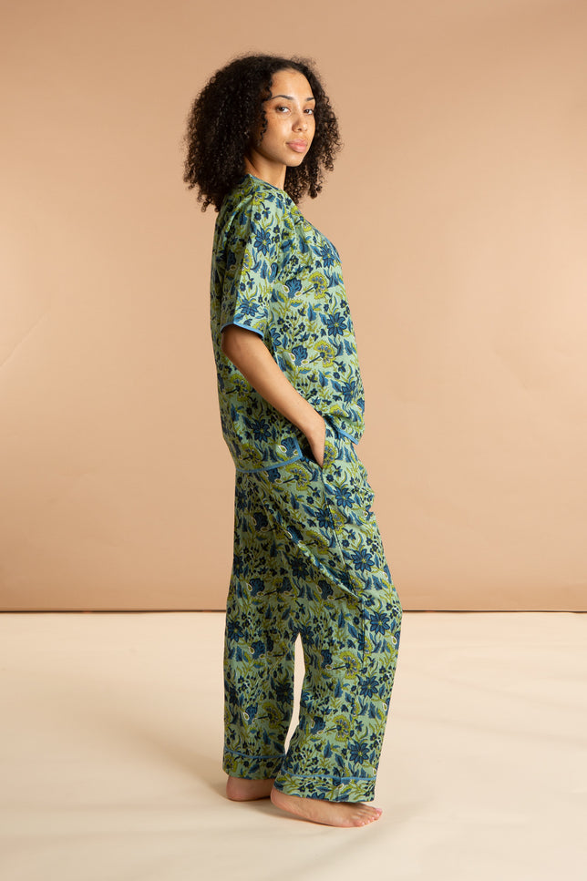 Indian Cotton Floral Printed Pyjamas - Lime Patchouli