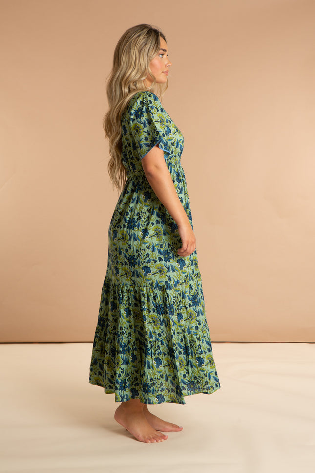 Floral Printed Cotton Dress - Lime Patchouli