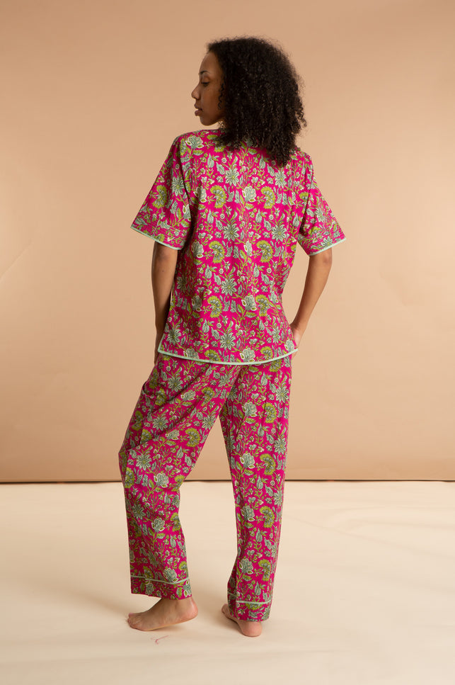 Indian Cotton Floral Printed Pyjamas - Fuchsia Freesia