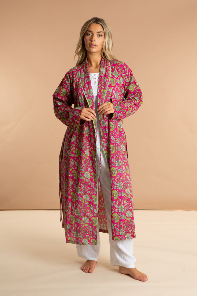 Ladies Floral Cotton Robe - Fuchsia Freesia