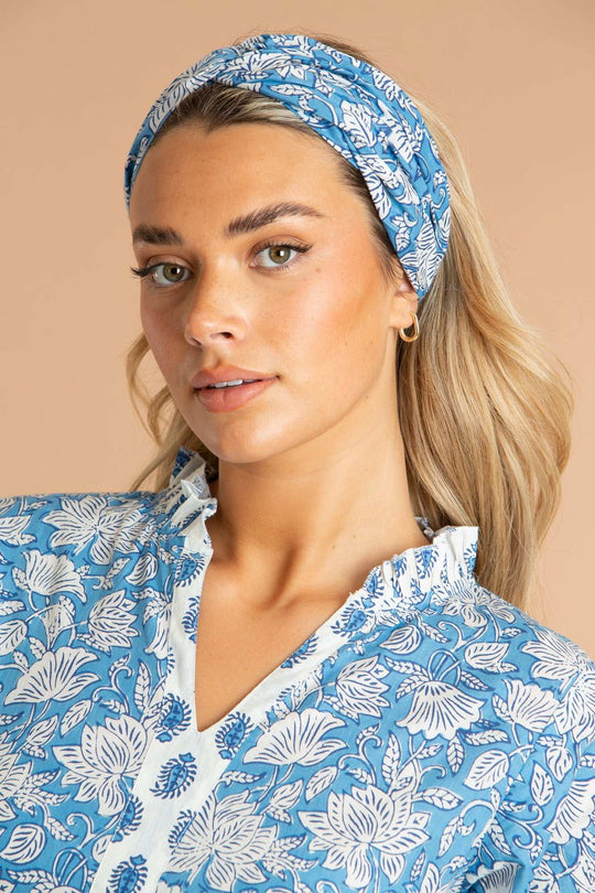 China Blue Paisley Floral Cotton Hair Scarf