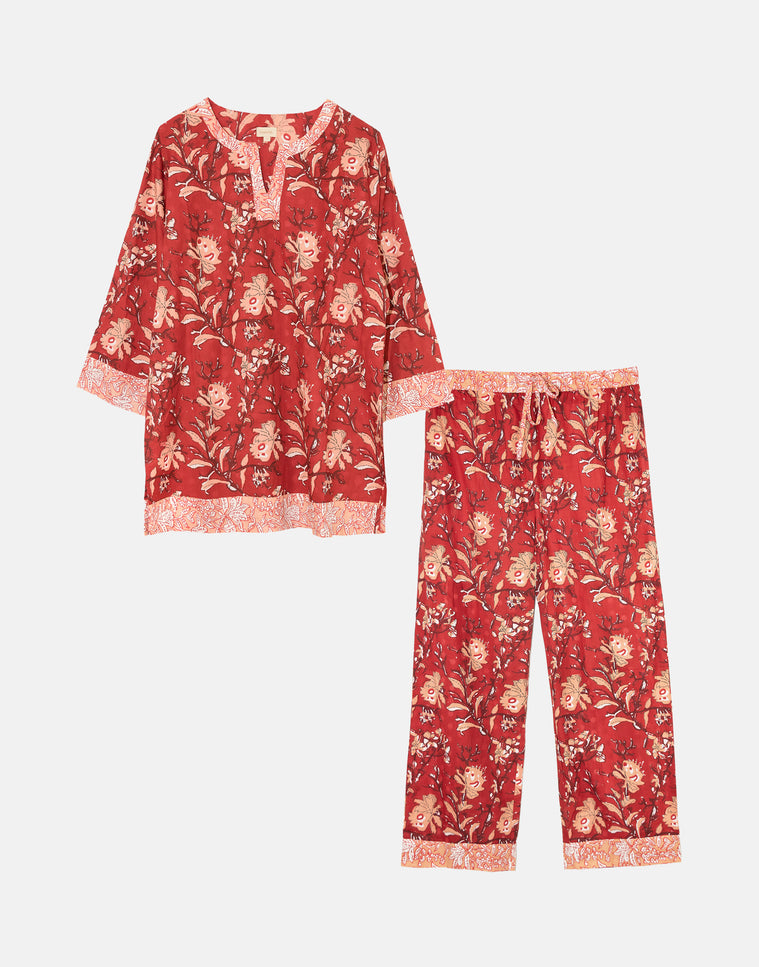 Indian Cotton Floral Printed Pyjamas - Red Rubra