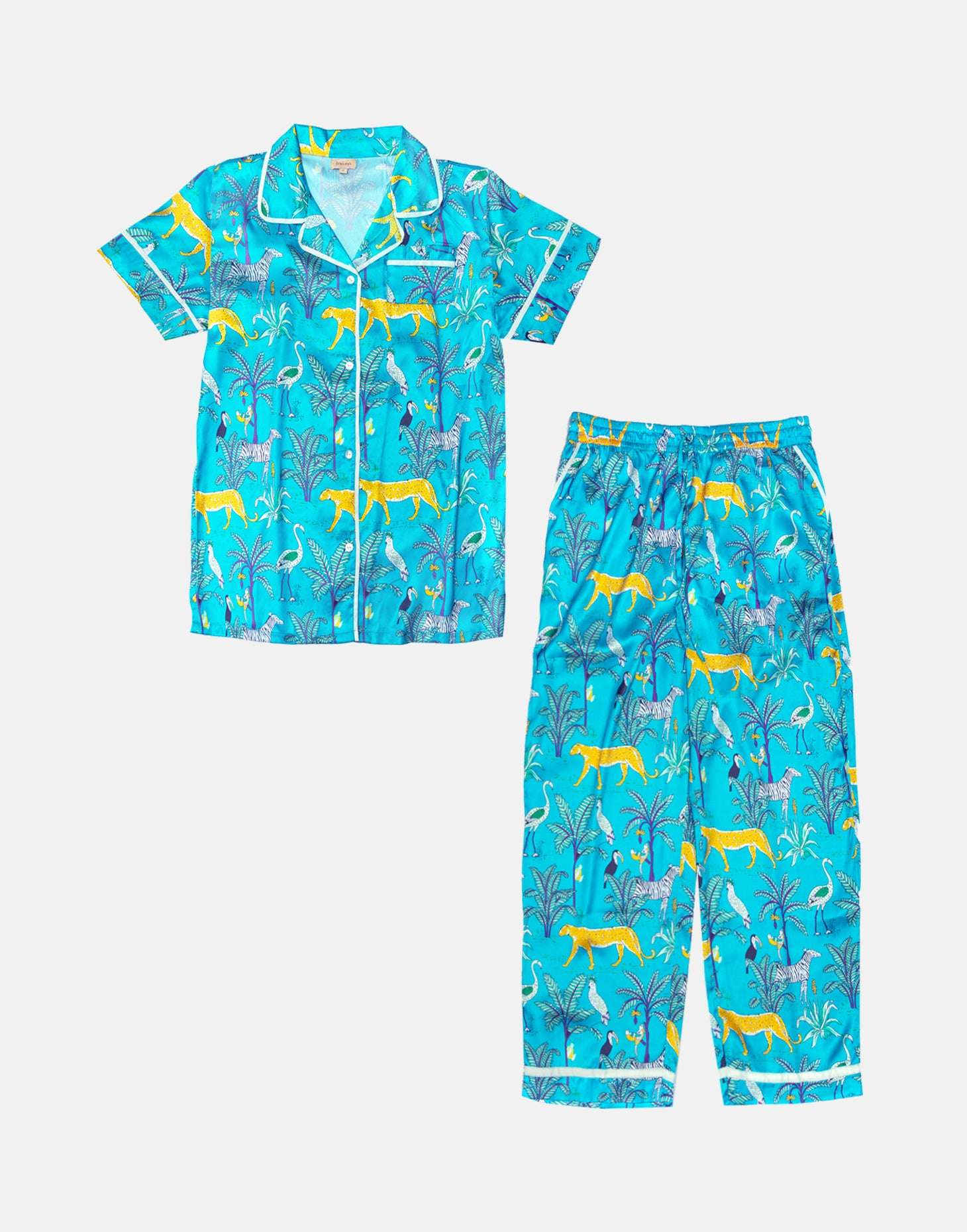 NACHILA Women's Satin Pajama Set - Short Sleeve V-Neck Top & Capri Pants (Turquoise, XX-Large)