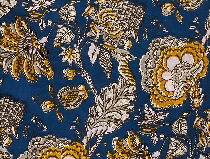 Midnight Marigold yellow and grey paisley on navy fabric