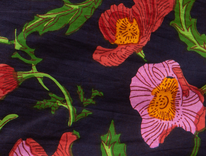 Midnight Sweetpea pink, red, and green floral print on navy blue fabric