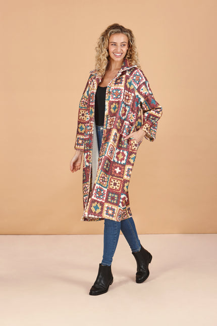 Printed Knee-Length Coat with Pockets