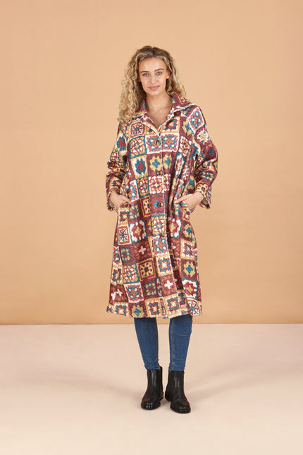 Printed Knee-Length Coat with Pockets
