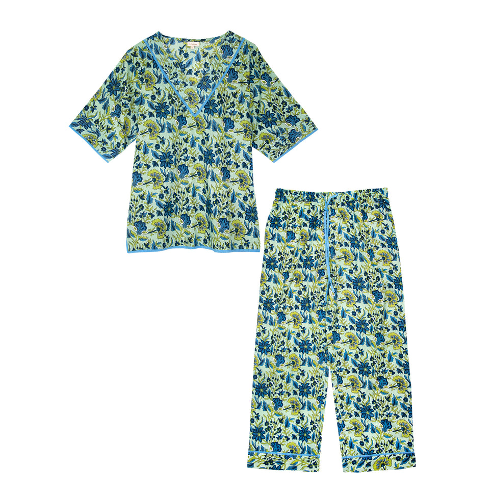 Indian Cotton Floral Printed Pyjamas - Lime Patchouli