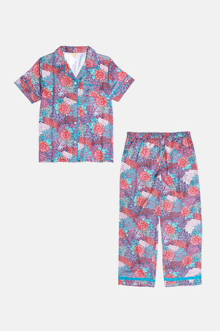Animal Print Satin Pyjama Set - Peacock