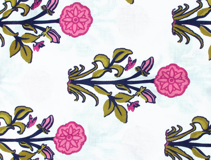 Rosette Bloom sing pink flower print on white fabric