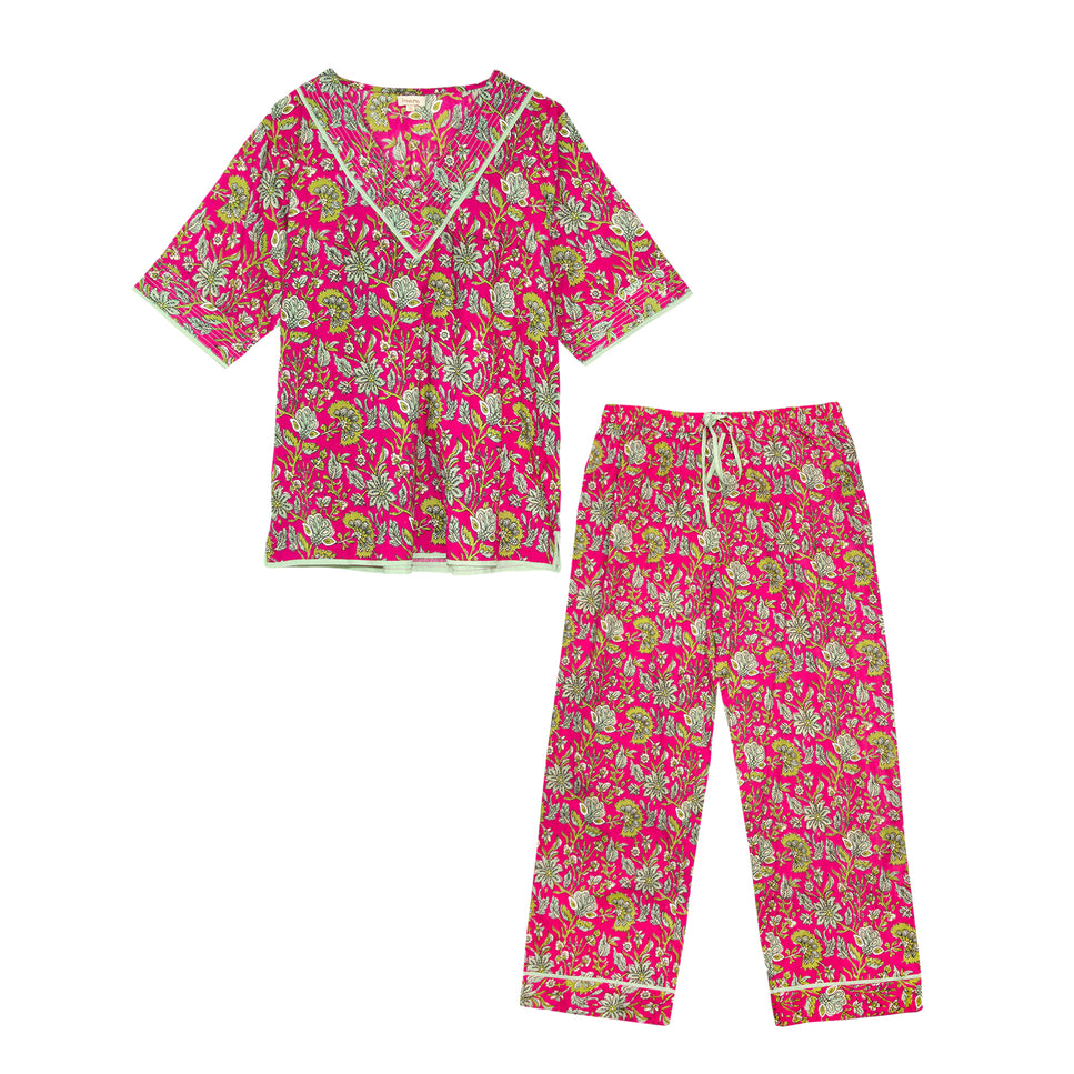 Indian Cotton Floral Printed Pyjamas - Fuchsia Freesia