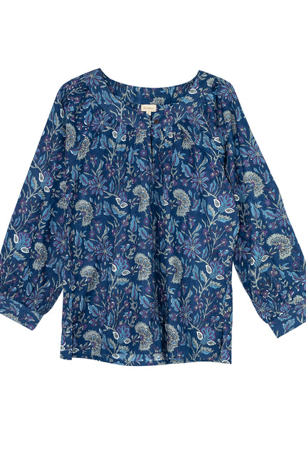Buttoned Cotton Smock Top, Blue Lagoon