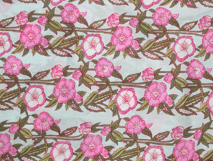 Wild Rose pink flowers on vines stripe on light blue base printed fabric
