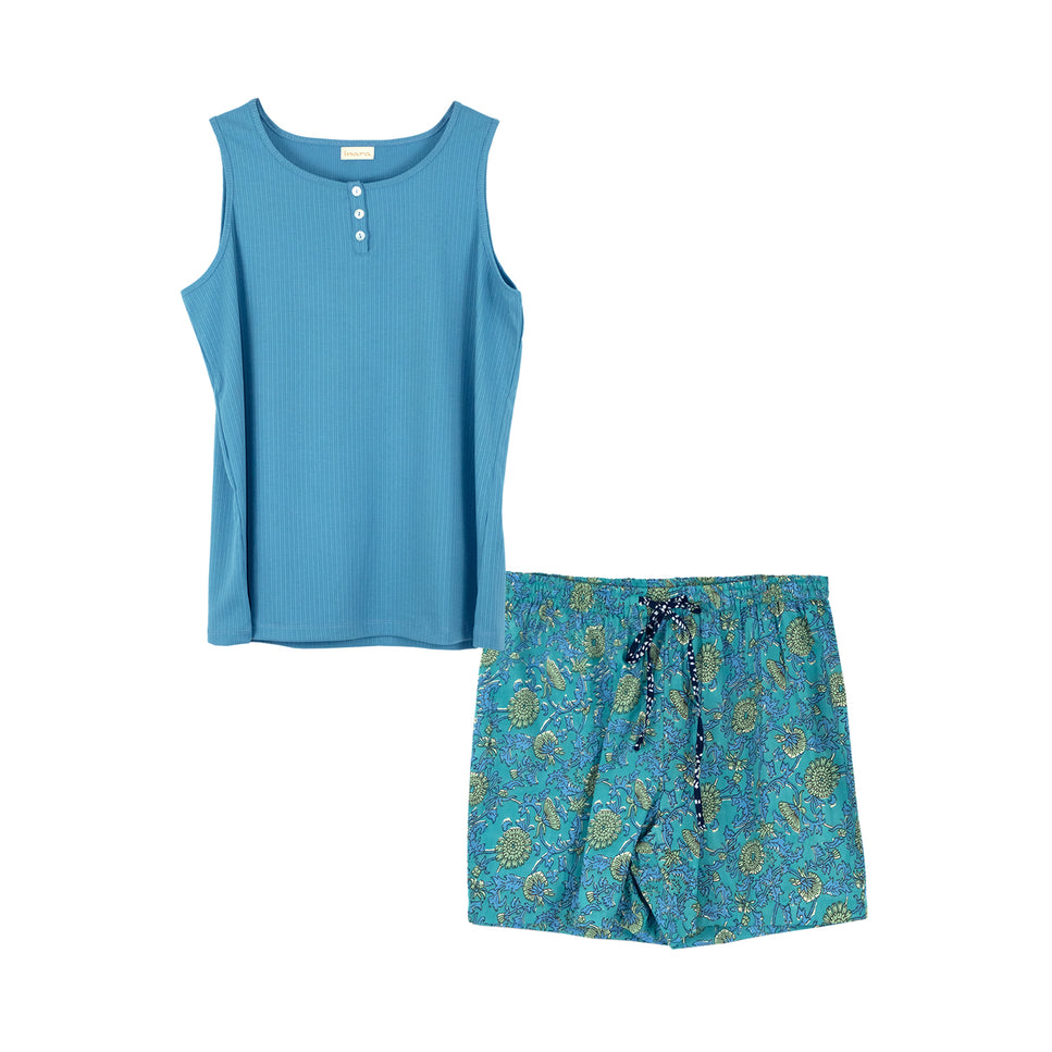 Ladies Cotton Pyjama Shorts Set - Waterlily